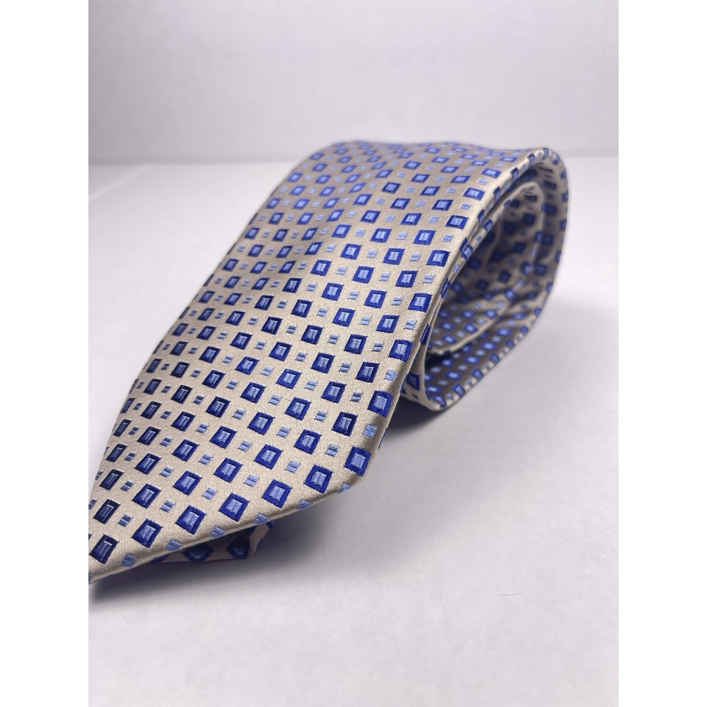 Chaps Ralph Lauren 100% Silk Men's Tie Beige Blue Geometric Square Classic